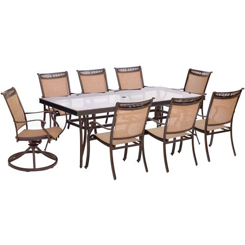 Hanover - Fontana 9pc: 6 Sling Dining Chairs, 2 Sling Swivel Rockers, 42x84" Gls Table - Tan Sling/Glass-United Backyard