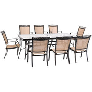 Hanover - Fontana 9pc: 8 Sling Dining Chairs, 42x84" Glass Top Table - Tan Sling/Glass-United Backyard