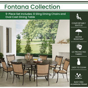 Hanover - Fontana 9pc: 8 Sling Dining Chairs, 96"x60" Oval Cast Table - Tan/Bronze-United Backyard