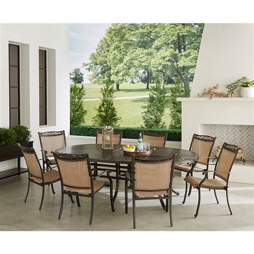 Hanover - Fontana 9pc: 8 Sling Dining Chairs, 96"x60" Oval Cast Table - Tan/Bronze-United Backyard