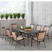 Hanover - Fontana 9pc: 8 Sling Dining Chairs and 42"x84" Cast Table - Tan/Bronze-United Backyard