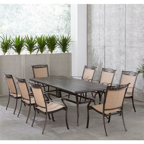 Hanover - Fontana 9pc: 8 Sling Dining Chairs and 42"x84" Cast Table - Tan/Bronze-United Backyard