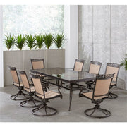 Hanover - Fontana 9pc: 8 Sling Swivel Rockers, 42x84" Glass Top Table - Tan Sling/Glass-United Backyard