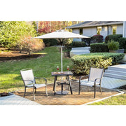 Hanover - Foxhill 3pc Dining Set: 2 Sling Dining Chairs, 30" Square Slat Table, Umbrella & Base - Grey/Gunmetal-United Backyard