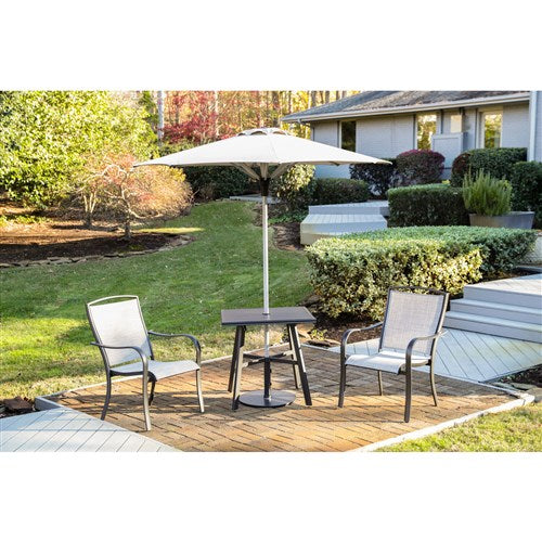 Hanover - Foxhill 3pc Dining Set: 2 Sling Dining Chairs, 30" Square Slat Table, Umbrella & Base - Grey/Gunmetal-United Backyard