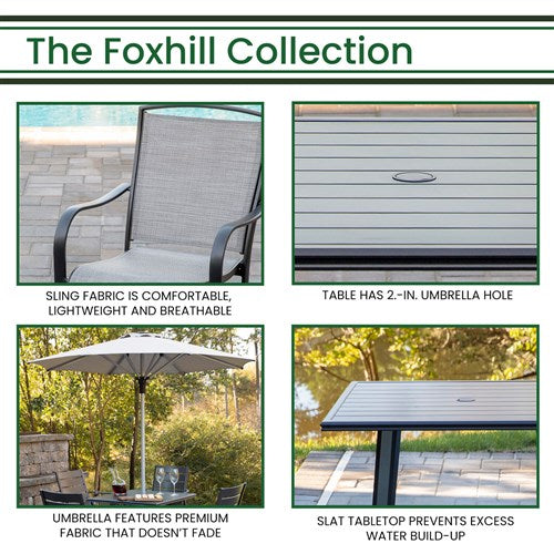 Hanover - Foxhill 3pc Dining Set: 2 Sling Dining Chairs, 30" Square Slat Table, Umbrella & Base - Grey/Gunmetal-United Backyard