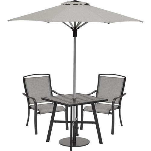 Hanover - Foxhill 3pc Dining Set: 2 Sling Dining Chairs, 30" Square Slat Table, Umbrella & Base - Grey/Gunmetal-United Backyard