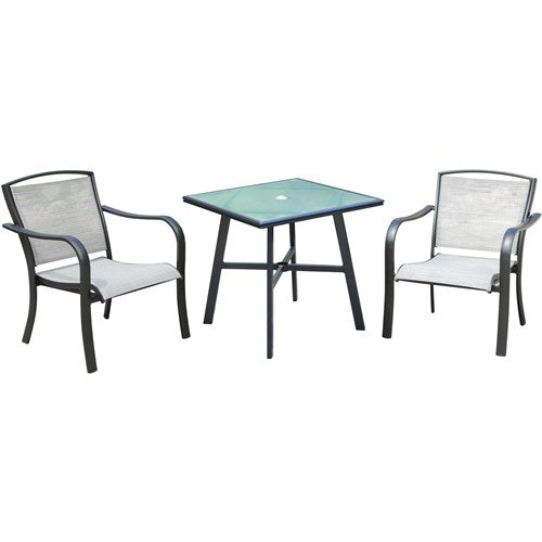 Hanover - Foxhill 3pc Dining Set: 2 Sling Dining Chairs and 1 30" Square Glass Table - Gray/Gunmetal-United Backyard