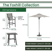 Hanover - Foxhill 5pc Counter Height Dining: 4 Sling Chairs, 42" Slat Table, Umbrella&Base - Grey/Gunmetal-United Backyard