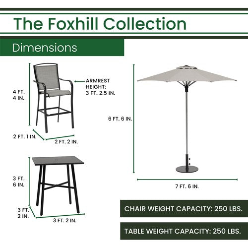 Hanover - Foxhill 5pc Counter Height Dining: 4 Sling Chairs, 42" Slat Table, Umbrella&Base - Grey/Gunmetal-United Backyard