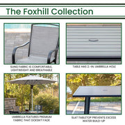 Hanover - Foxhill 5pc Counter Height Dining: 4 Sling Chairs, 42" Slat Table, Umbrella&Base - Grey/Gunmetal-United Backyard