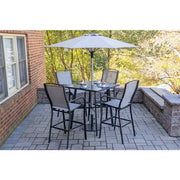 Hanover - Foxhill 5pc Counter Height Dining: 4 Sling Chairs, 42" Slat Table, Umbrella&Base - Grey/Gunmetal-United Backyard