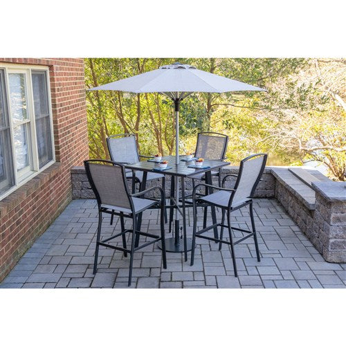 Hanover - Foxhill 5pc Counter Height Dining: 4 Sling Chairs, 42" Slat Table, Umbrella&Base - Grey/Gunmetal-United Backyard
