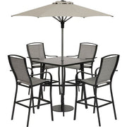 Hanover - Foxhill 5pc Counter Height Dining: 4 Sling Chairs, 42" Slat Table, Umbrella&Base - Grey/Gunmetal-United Backyard