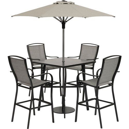 Hanover - Foxhill 5pc Counter Height Dining: 4 Sling Chairs, 42" Slat Table, Umbrella&Base - Grey/Gunmetal-United Backyard