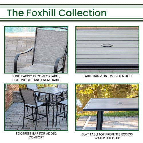 Hanover - Foxhill 5pc Counter Height Dining Set:4 Sling Center Height Chairs, 42" Slat Table - Grey/Gunmetal-United Backyard