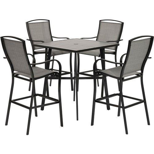Hanover - Foxhill 5pc Counter Height Dining Set:4 Sling Center Height Chairs, 42" Slat Table - Grey/Gunmetal-United Backyard