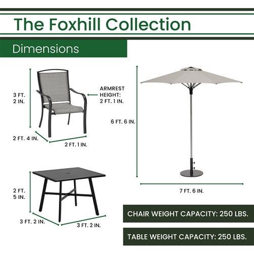 Hanover - Foxhill 5pc Dining Set: 4 Sling Dining Chairs, 30" Sq Slat Table, Umbrella & Base - Grey/Gunmetal-United Backyard
