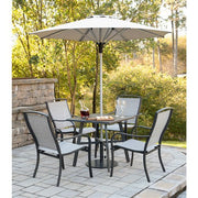 Hanover - Foxhill 5pc Dining Set: 4 Sling Dining Chairs, 30" Sq Slat Table, Umbrella & Base - Grey/Gunmetal-United Backyard