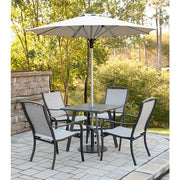 Hanover - Foxhill 5pc Dining Set: 4 Sling Dining Chairs, 30" Sq Slat Table, Umbrella & Base - Grey/Gunmetal-United Backyard
