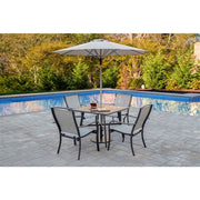 Hanover - Foxhill 5pc Dining Set: 4 Sling Dining Chairs, 30" Sq Slat Table, Umbrella & Base - Grey/Gunmetal-United Backyard