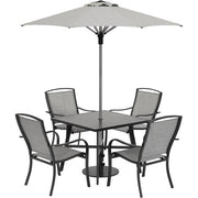 Hanover - Foxhill 5pc Dining Set: 4 Sling Dining Chairs, 30" Sq Slat Table, Umbrella & Base - Grey/Gunmetal-United Backyard