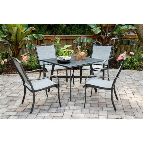 Hanover - Foxhill 5pc Dining Set: 4 Sling Dining Chrs and 1 38" Square Slat Table - Gray/Gunmetal-United Backyard