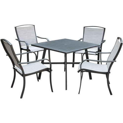 Hanover - Foxhill 5pc Dining Set: 4 Sling Dining Chrs and 1 38" Square Slat Table - Gray/Gunmetal-United Backyard