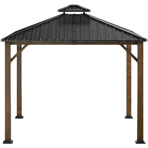 Hanover - Highland 9.8'x9.8'x9.5' Hard Top Gazebo - Dark Brown/Faux Wood-United Backyard