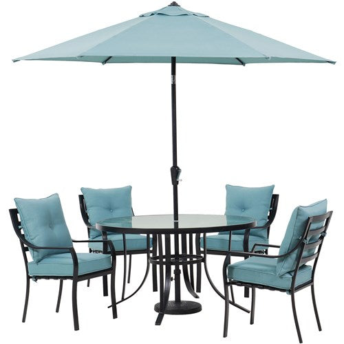 Hanover - Lavallette 5pc: 4 Dining Chairs, Round Glass Table, Umbrella & Base - Blue-United Backyard