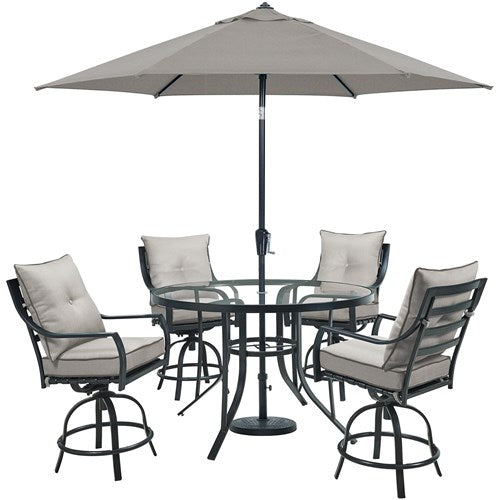 Hanover - Lavallette 5pc: 4 Swivel Bar Chairs, Bar Glass Table, Umbrella & Base - Silver-United Backyard