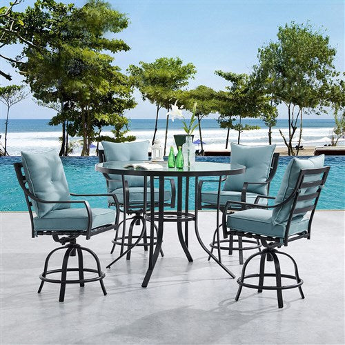 Hanover - Lavallette 5pc: 4 Swivel Bar Chairs and Bar Glass Table - Blue-United Backyard