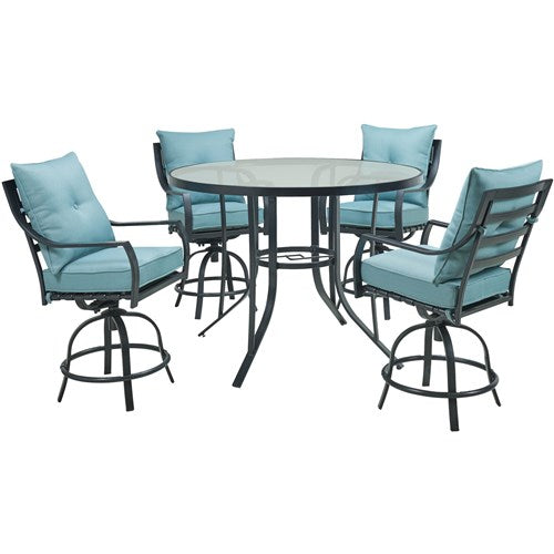 Hanover - Lavallette 5pc: 4 Swivel Bar Chairs and Bar Glass Table - Blue-United Backyard
