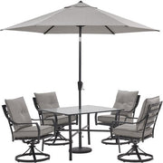 Hanover - Lavallette 5pc: 4 Swivel Dining Chairs, Square Glass Table, Umbrella & Base - Silver-United Backyard