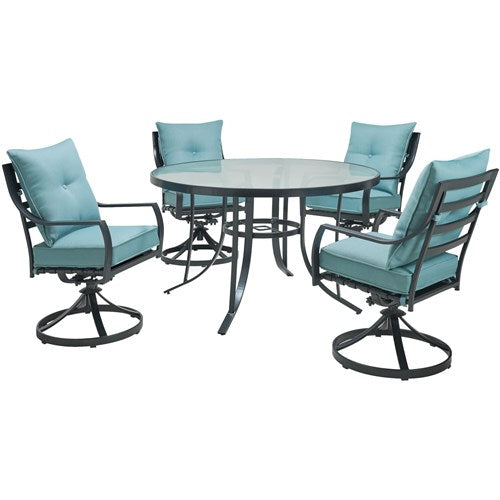 Hanover - Lavallette 5pc: 4 Swivel Dining Chairs and Round Glass Table - Blue-United Backyard