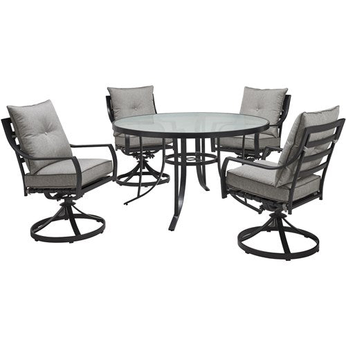 Hanover - Lavallette 5pc: 4 Swivel Dining Chairs and Round Glass Table - Silver-United Backyard