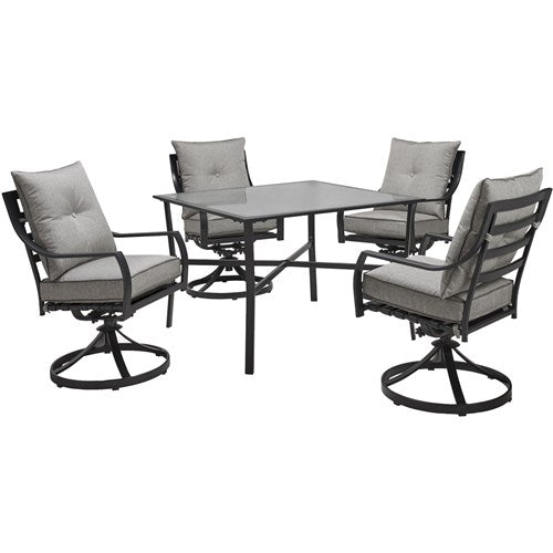 Hanover - Lavallette 5pc: 4 Swivel Dining Chairs and Square Glass Table - Silver-United Backyard