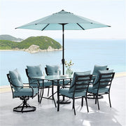 Hanover - Lavallette 7pc: 4 Dining Chairs, 2 Swivel Chairs, Rectangle Glass Table, Umbrella & Base - Blue-United Backyard