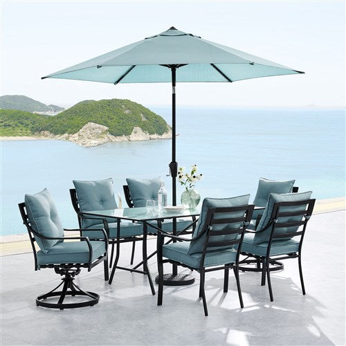 Hanover - Lavallette 7pc: 4 Dining Chairs, 2 Swivel Chairs, Rectangle Glass Table, Umbrella & Base - Blue-United Backyard