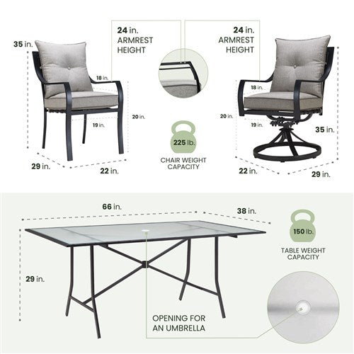 Hanover - Lavallette 7pc: 4 Dining Chairs, 2 Swivel Chairs, Rectangle Glass Table, Umbrella & Base - Silver-United Backyard