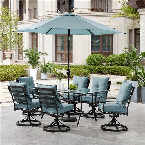 Hanover - Lavallette 7pc: 6 Swivel Dining Chairs, Rectangle Glass Table, Umbrella & Base - Blue-United Backyard