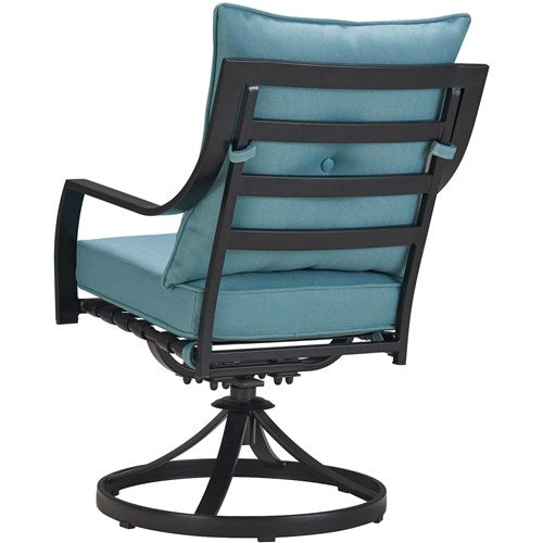 Hanover - Lavallette 7pc: 6 Swivel Dining Chairs, Rectangle Glass Table, Umbrella & Base - Blue-United Backyard