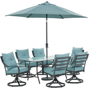 Hanover - Lavallette 7pc: 6 Swivel Dining Chairs, Rectangle Glass Table, Umbrella & Base - Blue-United Backyard