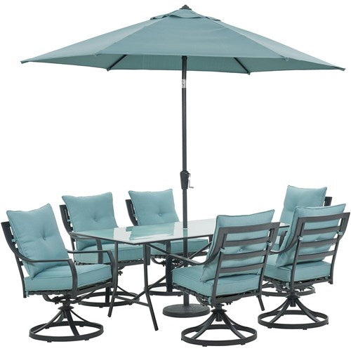 Hanover - Lavallette 7pc: 6 Swivel Dining Chairs, Rectangle Glass Table, Umbrella & Base - Blue-United Backyard