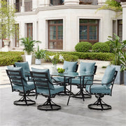 Hanover - Lavallette 7pc: 6 Swivel Dining Chairs and Rectangle Glass Table - Blue-United Backyard