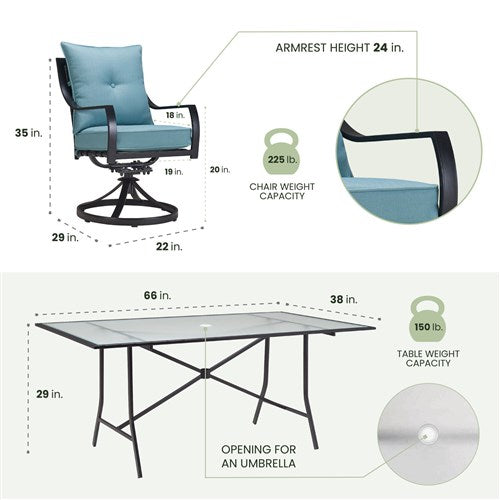 Hanover - Lavallette 7pc: 6 Swivel Dining Chairs and Rectangle Glass Table - Blue-United Backyard