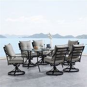 Hanover - Lavallette 7pc: 6 Swivel Dining Chairs and Rectangle Glass Table - Silver-United Backyard