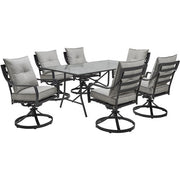 Hanover - Lavallette 7pc: 6 Swivel Dining Chairs and Rectangle Glass Table - Silver-United Backyard