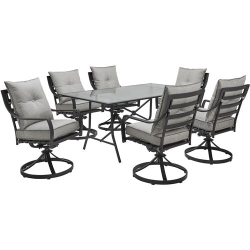 Hanover - Lavallette 7pc: 6 Swivel Dining Chairs and Rectangle Glass Table - Silver-United Backyard