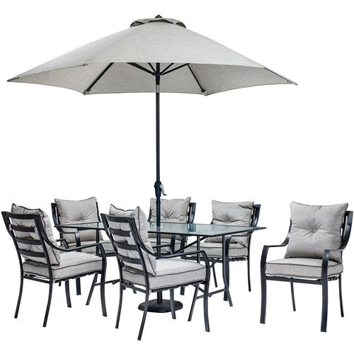 Hanover - Lavallette 7pc Dining Set: Glass Table, 6 Cushion Chairs, Umbrella/Base - Gray-United Backyard